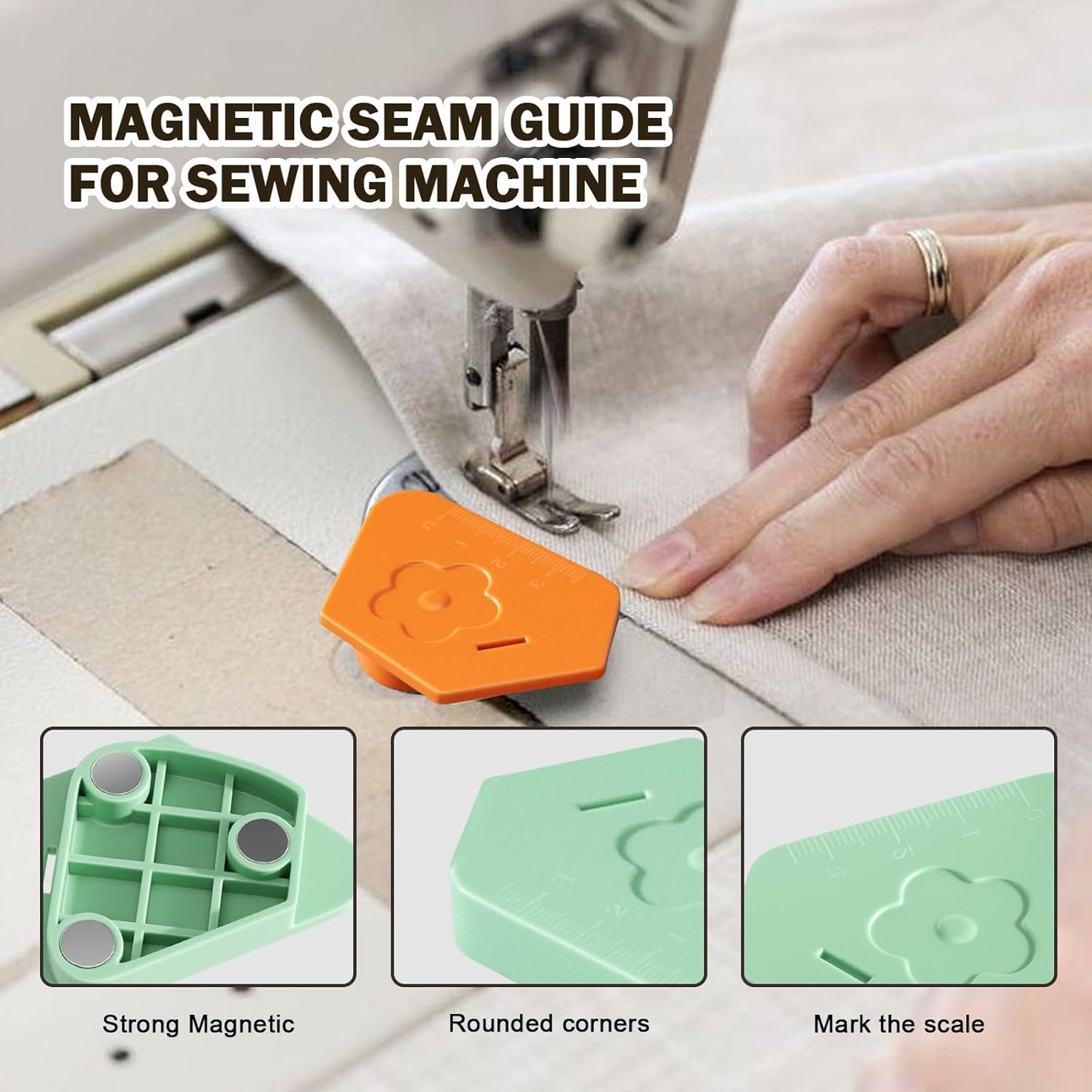 Wshxjzyay 3 Pack Magnetic Seam Guide for Sewing Machine, Upgraded Multifunctional Polygonal Hemmer Guide with Scale, Universal Sewing Accessory for Magnet Making Machine (3 Colors)