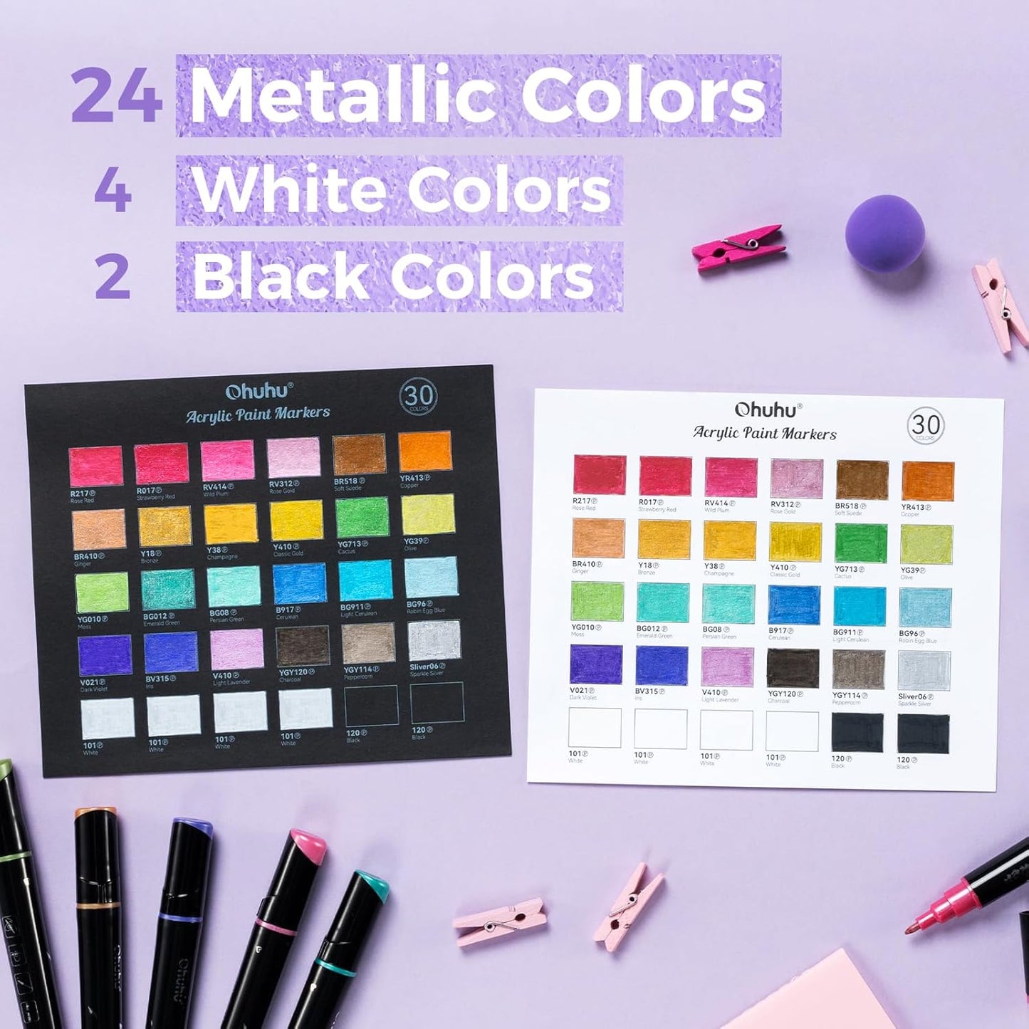 Ohuhu Metallic Acrylic Paint Markers 24 Metallic Colors 30 Pens: Dual Tips (Round & Fine) Acrylic Markers High Opacity Paint Pens for Rock Painting Eggs Wood Glass Ceramic - Kakaako