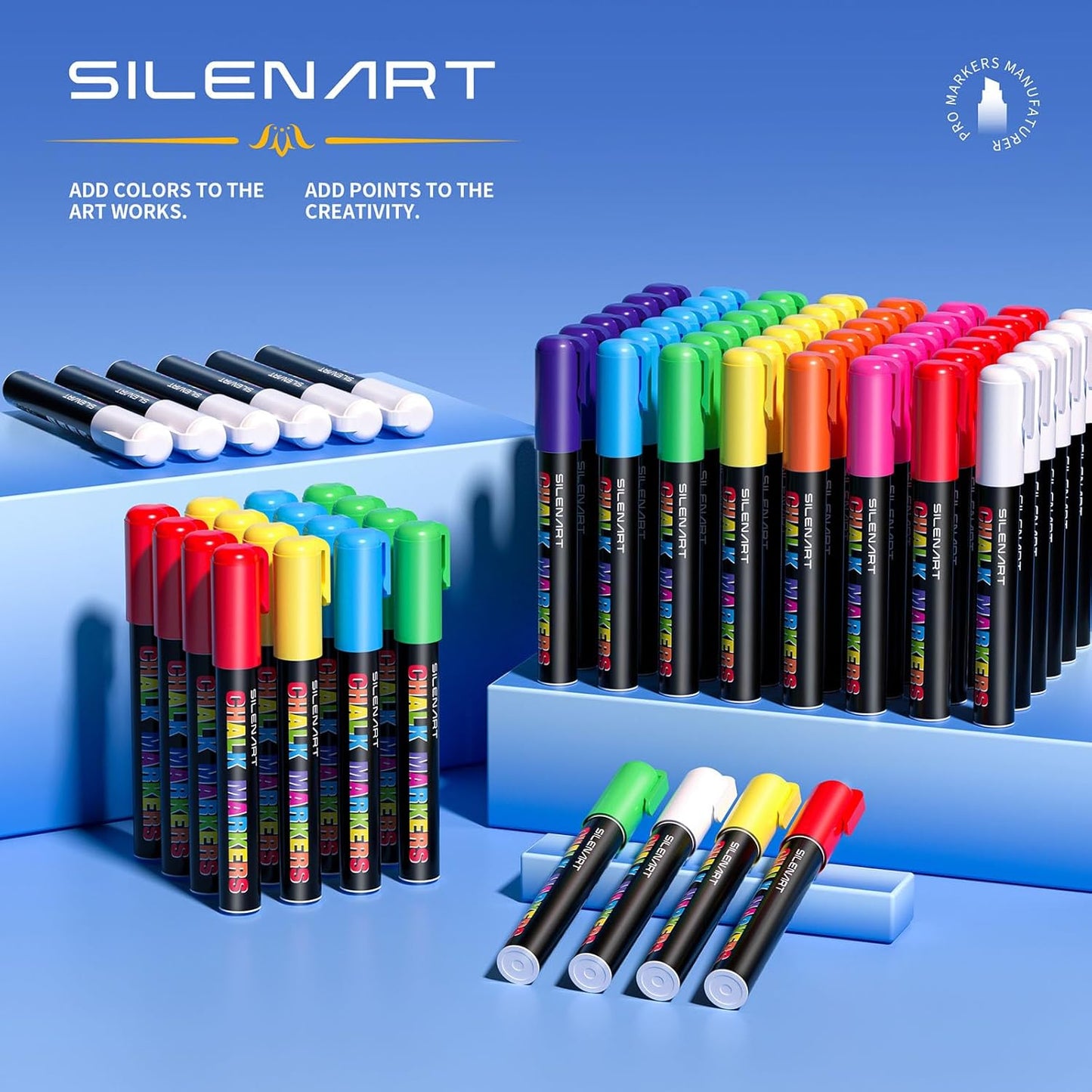 SILENART Blue Chalk Markers 2 Pack - Blue Dry Erase Markers Pen - Liquid Chalk Markers for Chalkboard, Window, Glass, Mirror, Blackboard - 3-6mm Reversible Tip