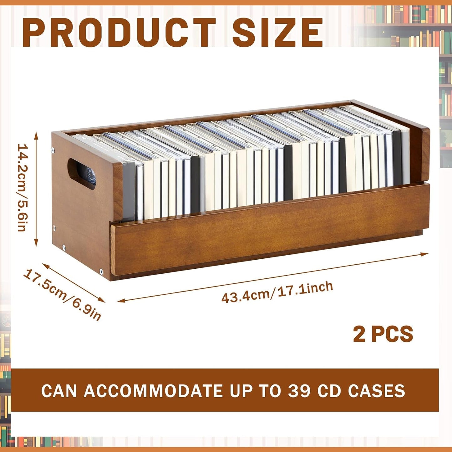 2 Set Wooden CD Storage Box Holder Shelf Cassette Tape Display Racks with Carrying Handles, Organizer Shelf for Movie Cases, DVDs, Each Set Can Store up to 36 Pcs CDs (Brown)