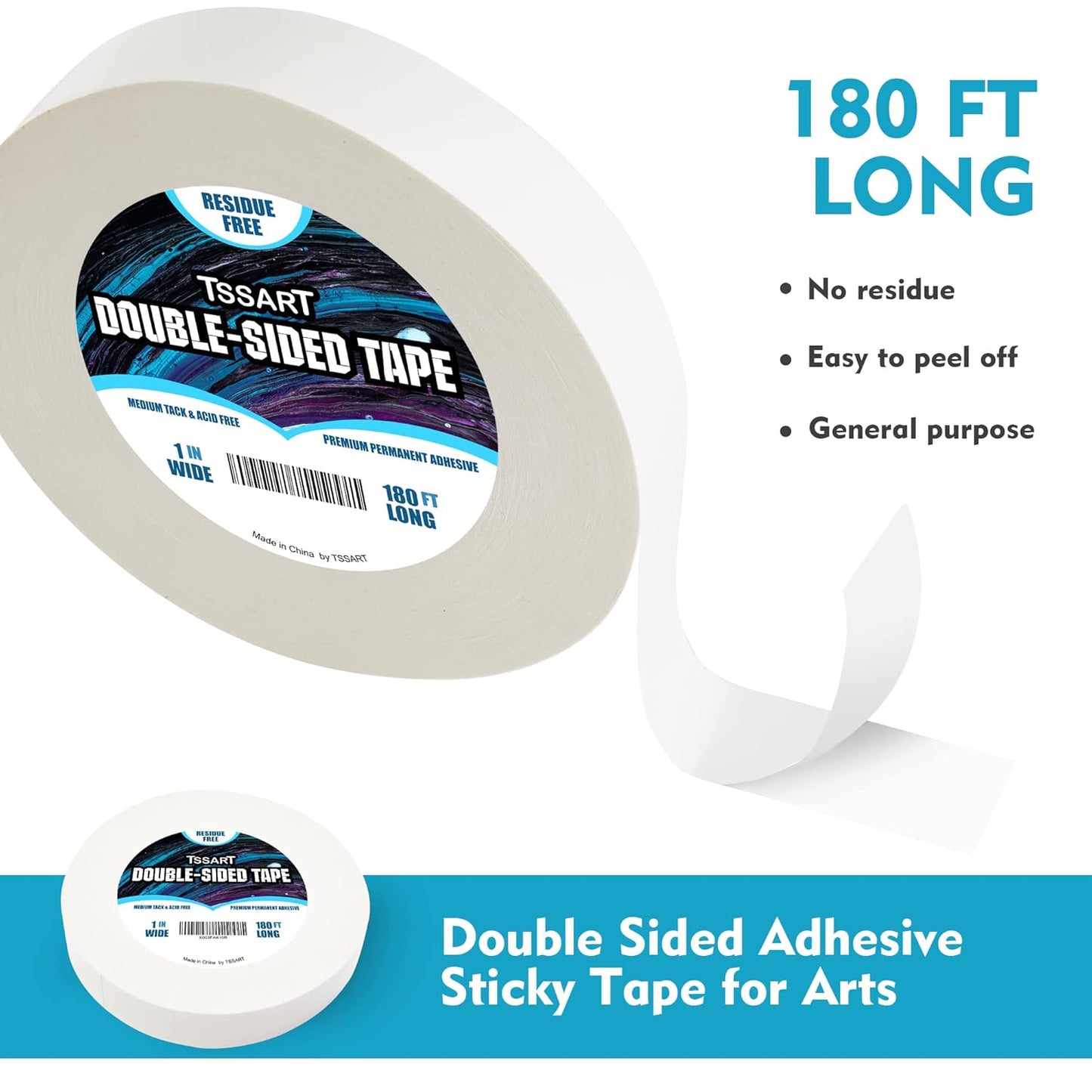 Ultra-Thin Permanent Double-Sided Tape - Double Sided Adhesive Sticky Tape for Arts, Crafts, Photography, Scrapbooking, Tear-by-Hand - Acid Free 1 Inch Wide 180FT Long