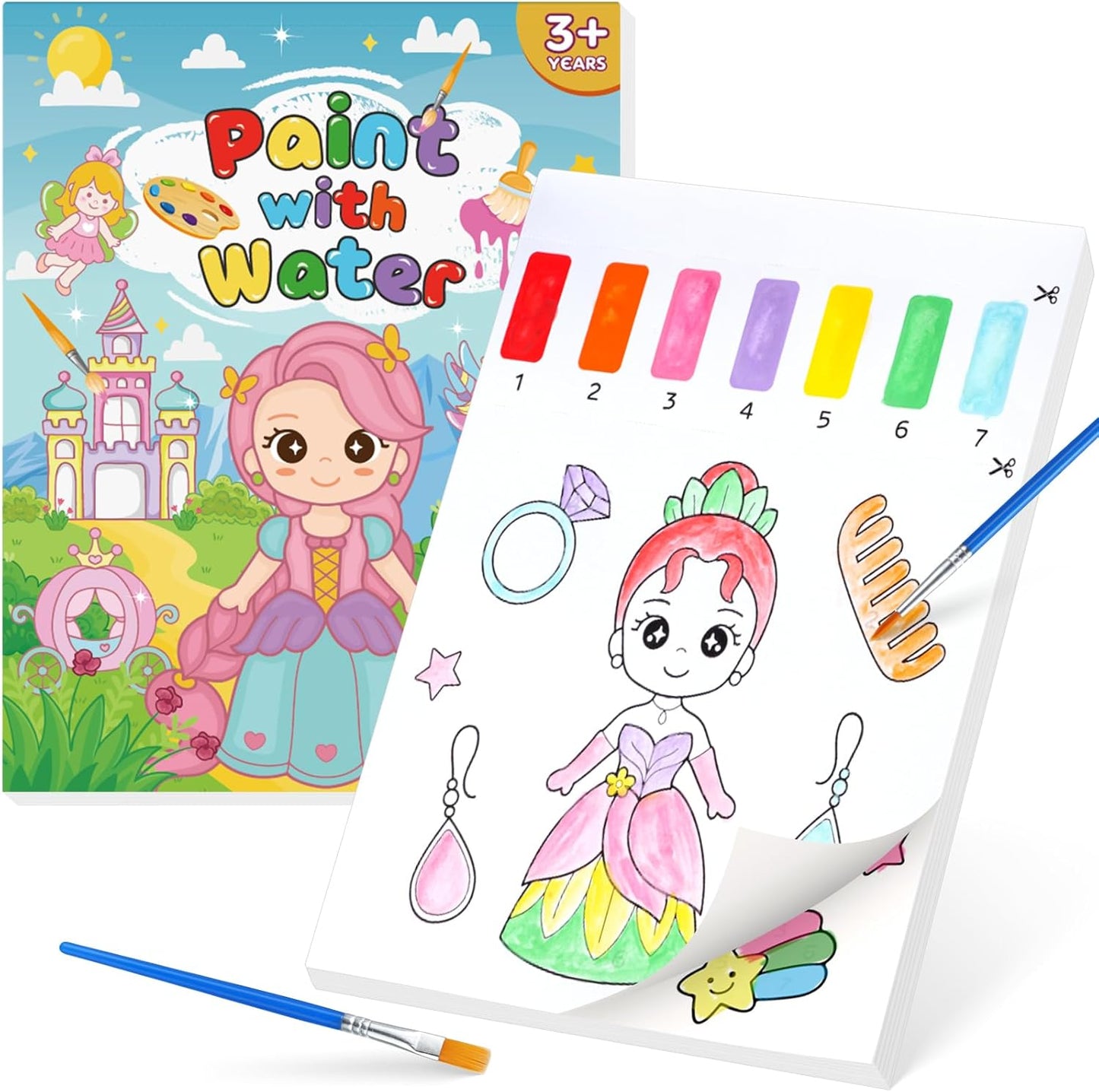Paint with Water Coloring Books for Kids,Princess Art Craft Kit No Mess Water Color Painting Sets for Kids Ages 4-8,Birthday Gifts Travel Toy Crafts Supplies Kits for Girls Boys Drawing with 2 Brushes