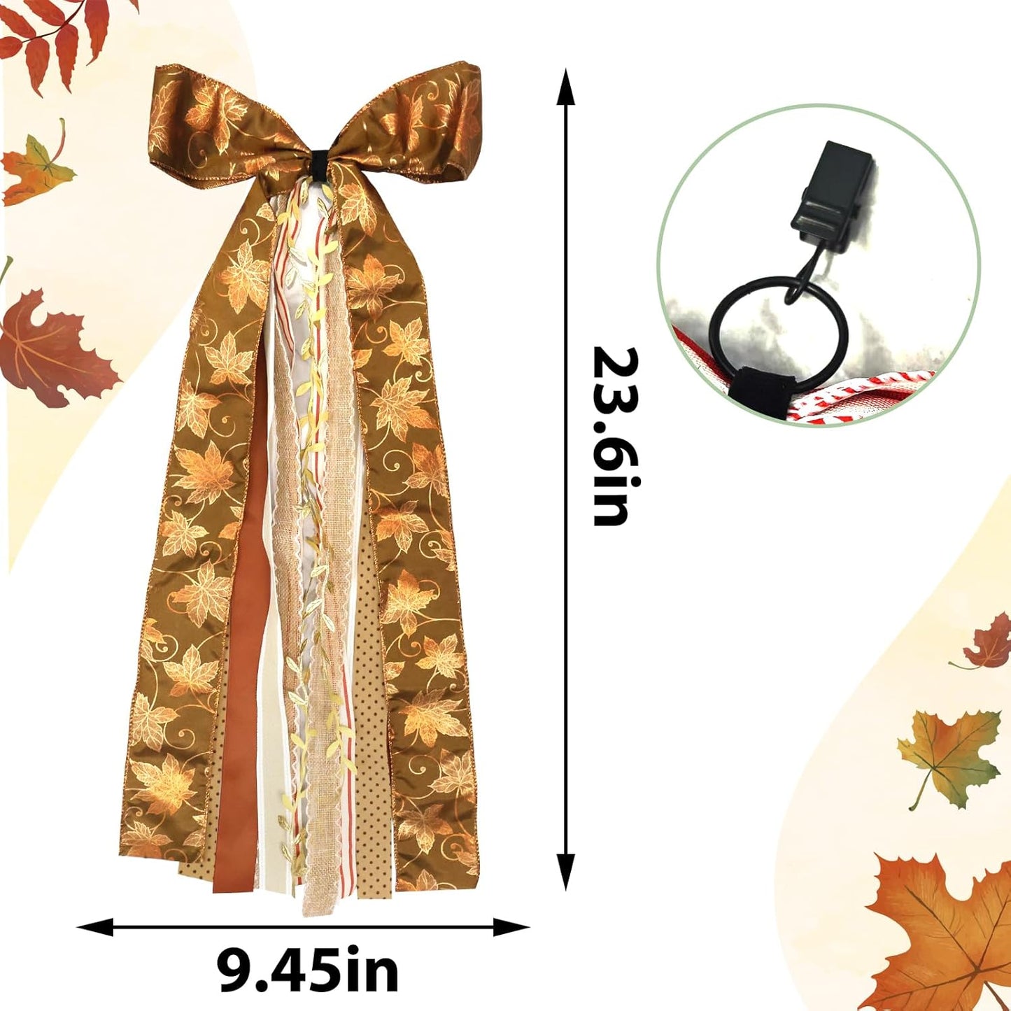 Large Maple Leaf Ribbons Bow for Wreath, Orange Glitter Dot Fabric Ribbons Set Assorted Leaf Lace Ribbon Stripe Clip-On Wreath Sash Ribbon Bundle for Fall Thanksgiving Home Indoor Outdoor Decor