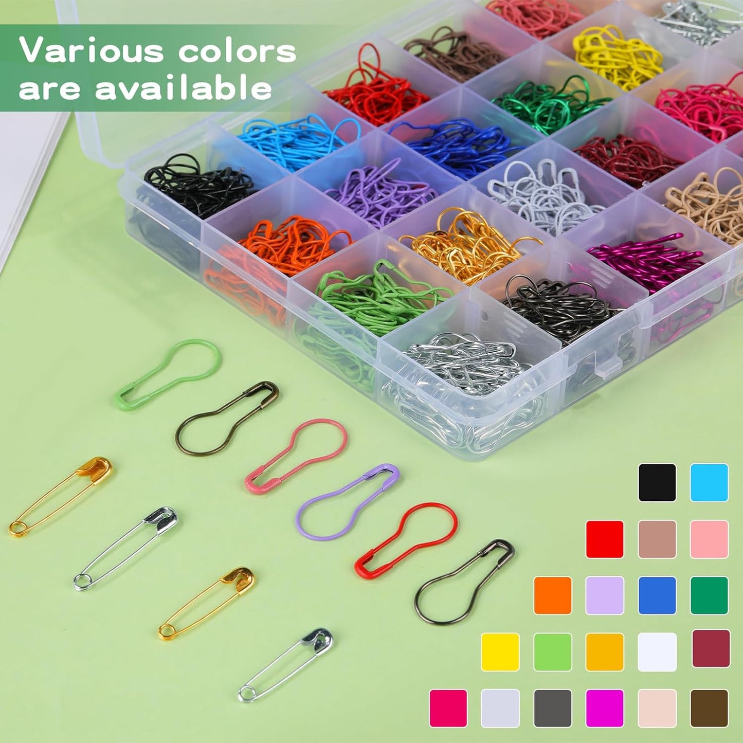 1200 Pcs 22 Colors Metal Safety Pins,Bulb Gourd Pins Pear Shaped Pins for Knitting Stitch Markers, Sewing Clothing DIY Craft Making with Storage Box