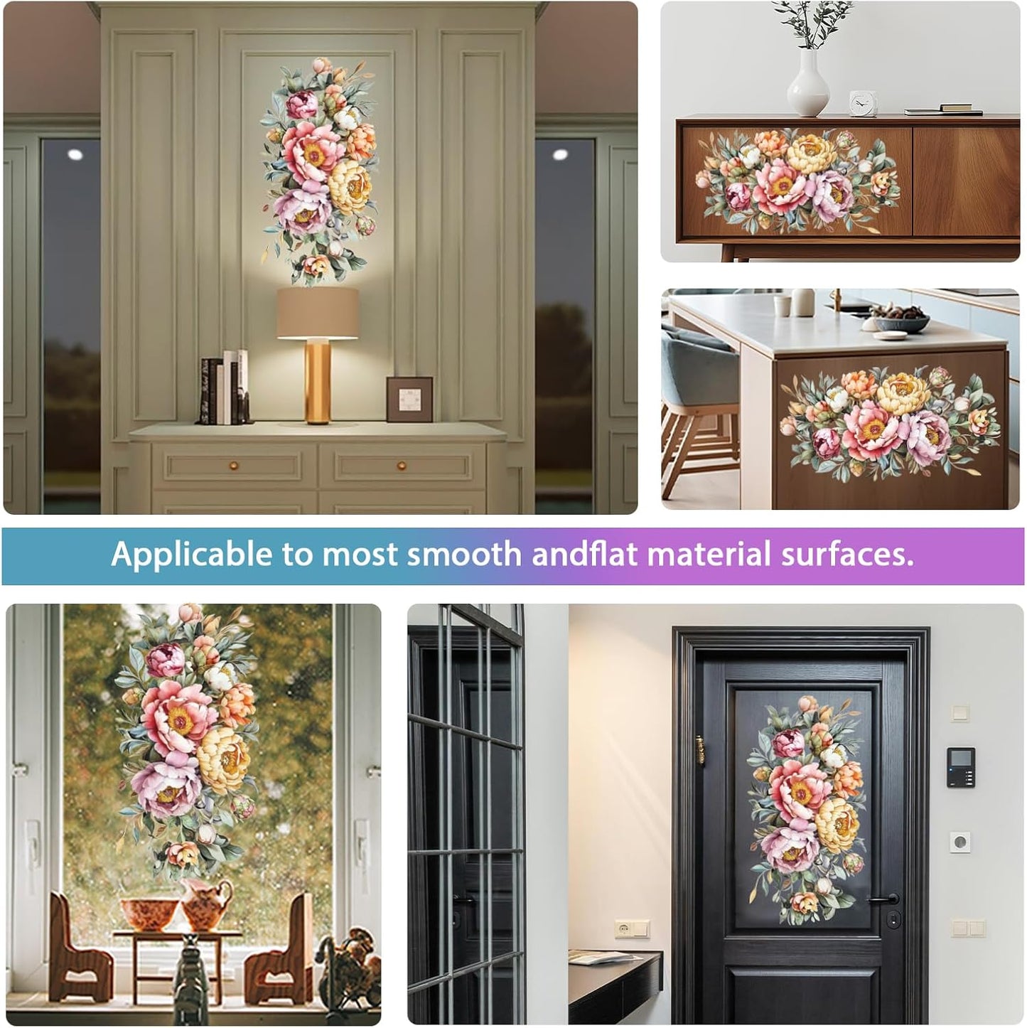 GLOBLELAND 4 Sheets Spring Peony Flowers Furniture Transfer 11.8x5.9inch Vintage Flowers Rub on Transfer UV Self-Adhesive Stickers Wall Art Craft for Bedroom Living Room Desk Table