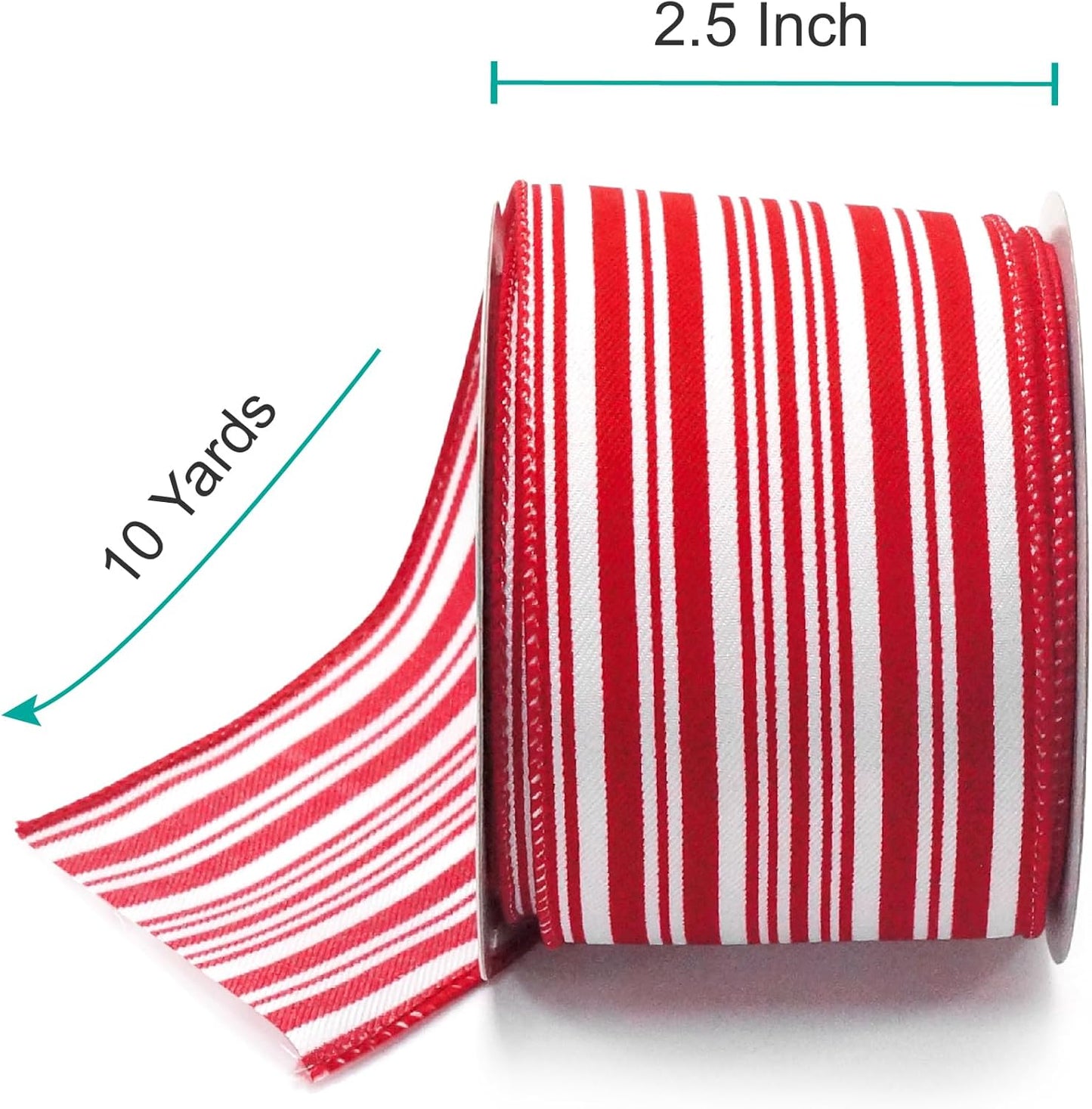 CT CRAFT LLC Red and White Stripe Wired Ribbon – 2.5" Wide x 10 Yards Long Decorative Fabric Ribbon for Crafts, Gift Wrapping, and Holiday Décor