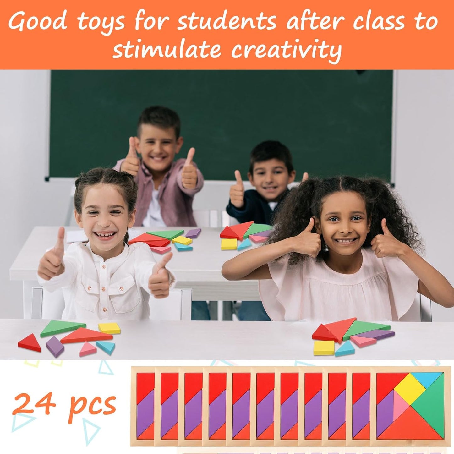Syhood 24 Pieces Tangrams Puzzles for Students Party Favors Wooden Tangram Pattern Blocks Brain Logic Blocks for Manipulatives Games Educational Gifts and Party Favors(Bright)