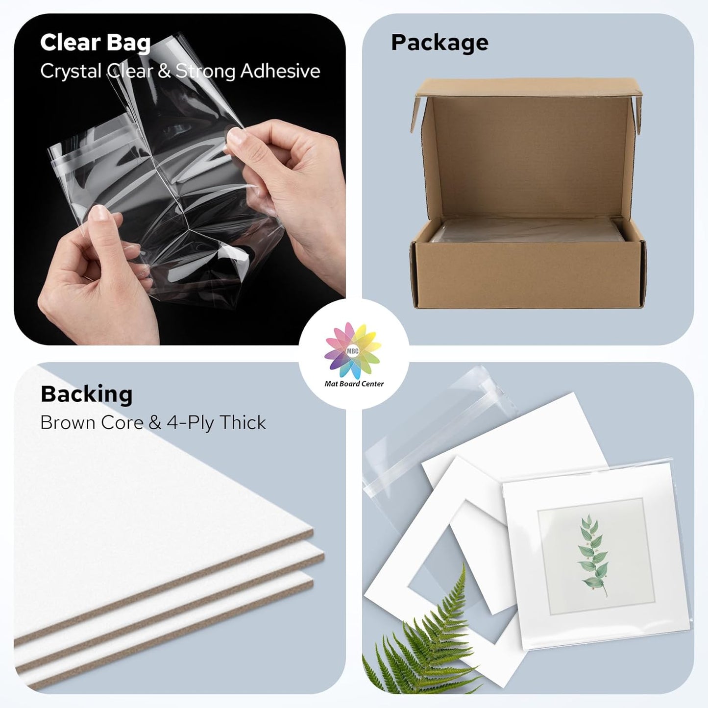 Mat Board Center, Pack of 25, 12x12 for 8x8 White Mat Kit - Acid Free, 4-ply Thickness, White Core - Includes Backing Boards and Clear Bags - for Pictures, Photos, Framing