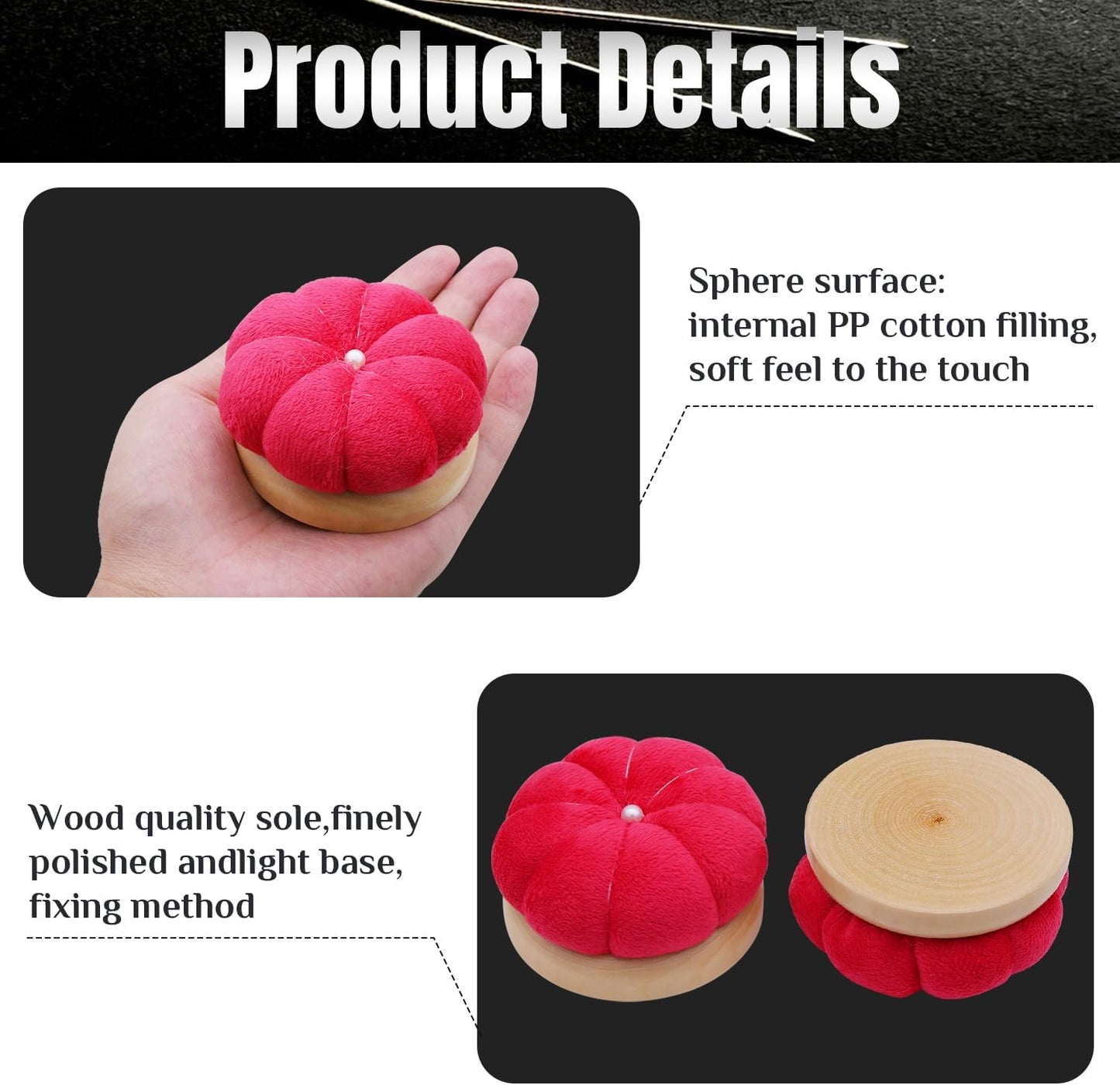 Uxney Pin Cushion,Wooden Sewing Pin Cushion Pincushion Needle Cushion for Sewing Quilting Needlework DIY Crafts(Red,2 PCS)