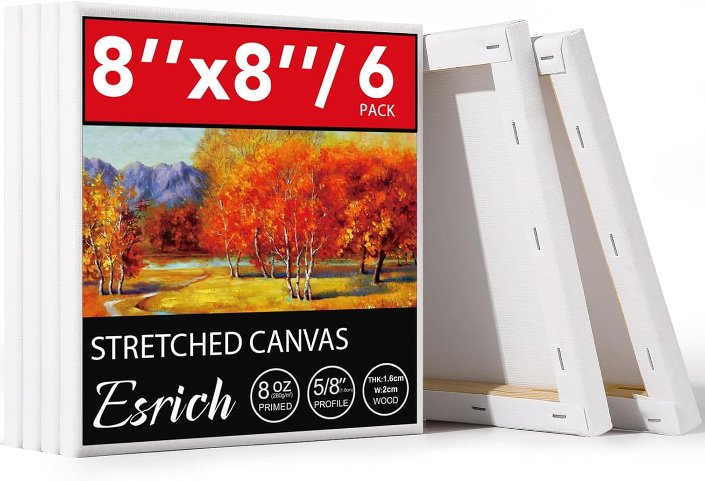 ESRICH Stretched Canvas, 6 Pack 8x8, Primed Acid-Free, Wood Framed Blank Canvas, Art Canvases for Beginners, Artists, Used for Oil, Acrylic Paint, Pouring Painting