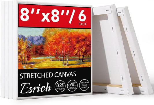 ESRICH Stretched Canvas, 6 Pack 8x8, Primed Acid-Free, Wood Framed Blank Canvas, Art Canvases for Beginners, Artists, Used for Oil, Acrylic Paint, Pouring Painting
