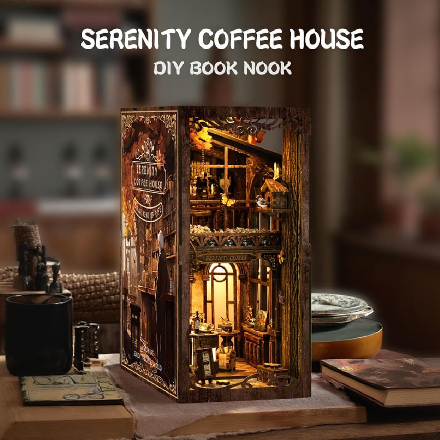 [2025 New] Coffee House Book Nook Kit with Dust Cover & LED Light, DIY Miniature House Kit Toy, 3D Wooden Puzzle Bookshelf Decor Building Kit, Birthday Gifts for Family & Friends