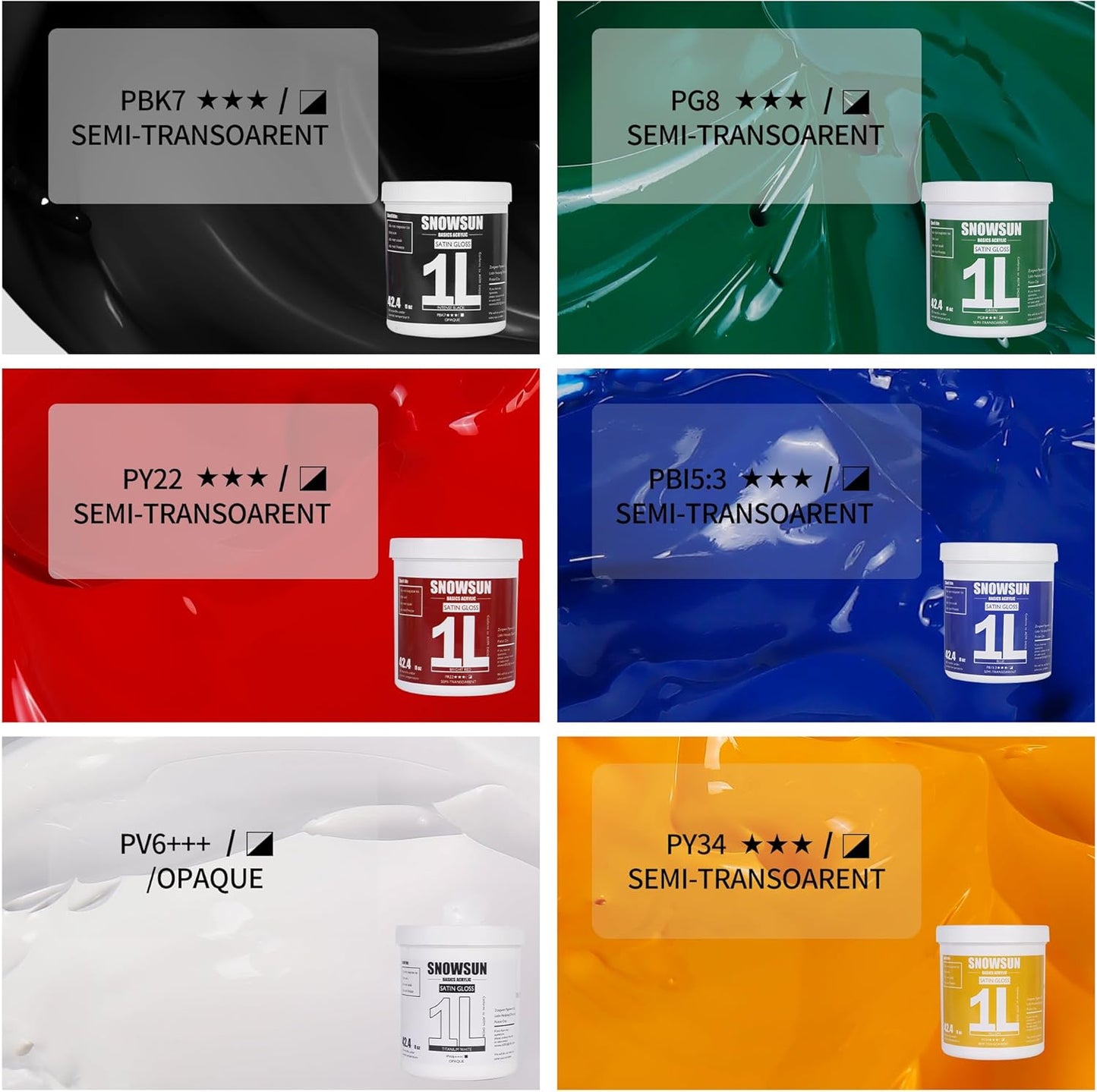 SNOWSUN Acrylic Paint Set, 6 Colors (1L/42.4 fl oz Each) Large Bulk Acrylic Paints, Gloss Non-Toxic Heavy Body Paints - Thick Art Paints for Multi-Surface Canvas Wood Ceramic Fabric Wall- Ideal for Artists & Beginners