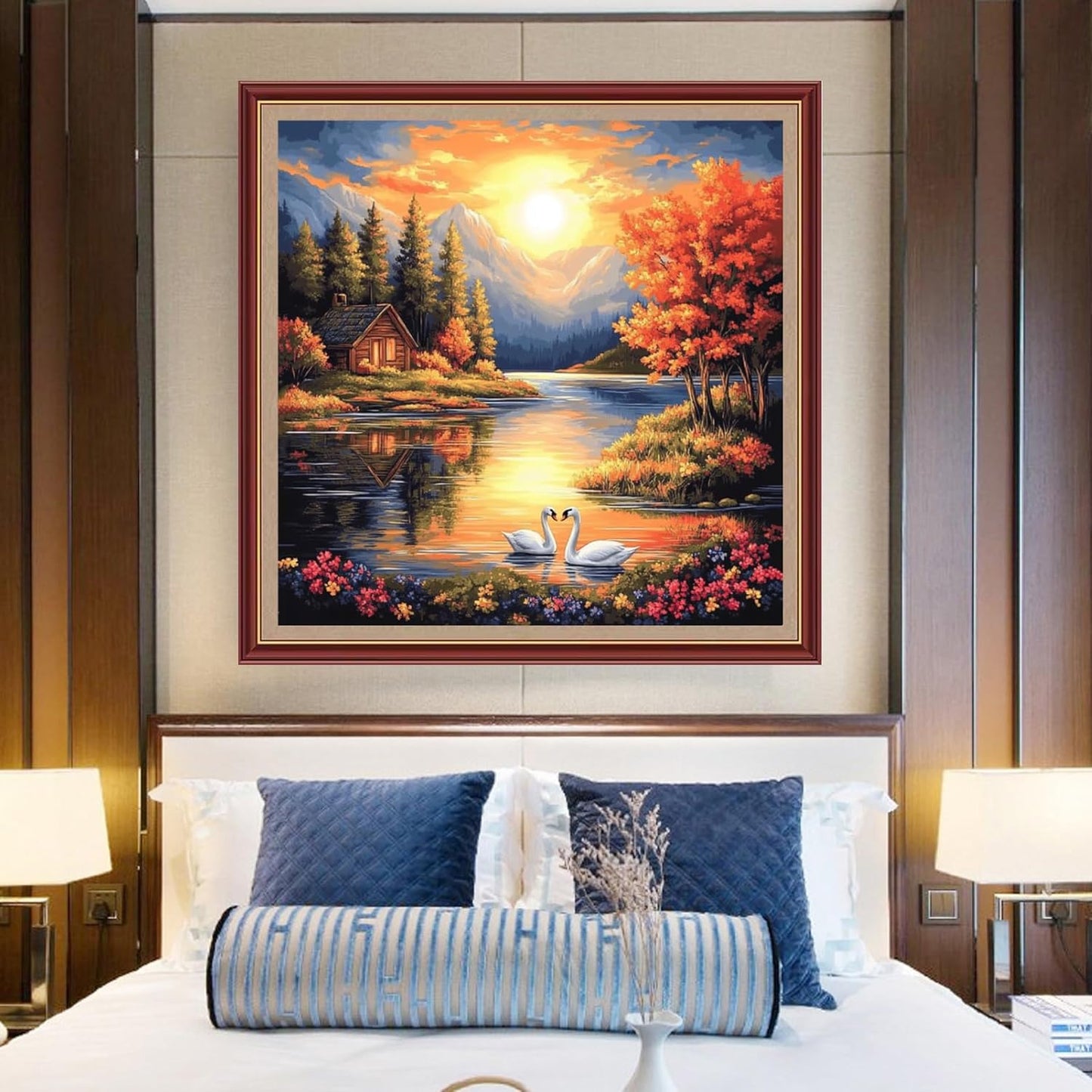 DMCXART Counted Cross Stitch Kits for Adults Needlepoint Kits Unprinted Cross Stitching Embroidery Kit 11CT Cross Stitch Supplies-Sunrise Scenery by The Lake 18x18 inch