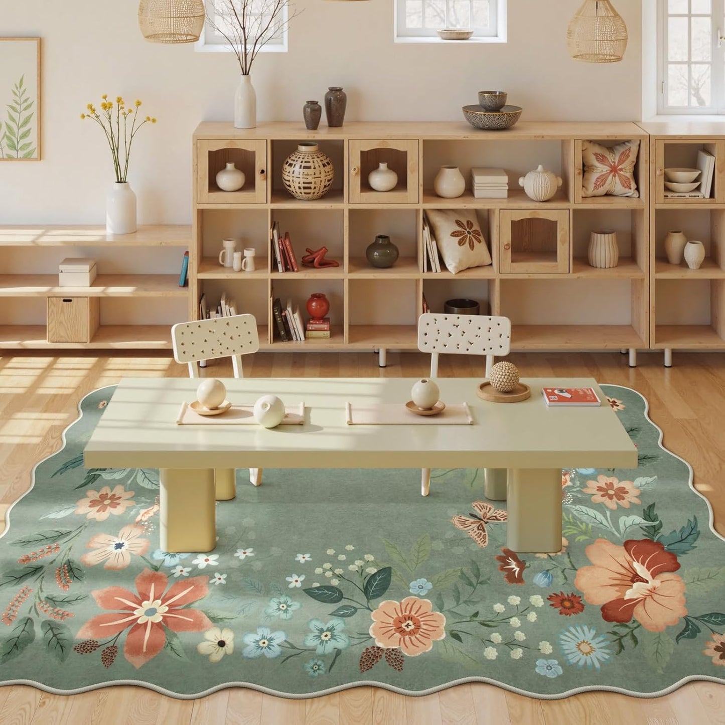 Beeiva Washable Rugs 5x7 - Scalloped Floral Printed Soft Non Slip Green Rug for Bedroom Under Bed Boho Living Room Rugs Ultra-Thin Low Pile Carpet for Playroom Dining Room Dorm(Green,5x7ft)