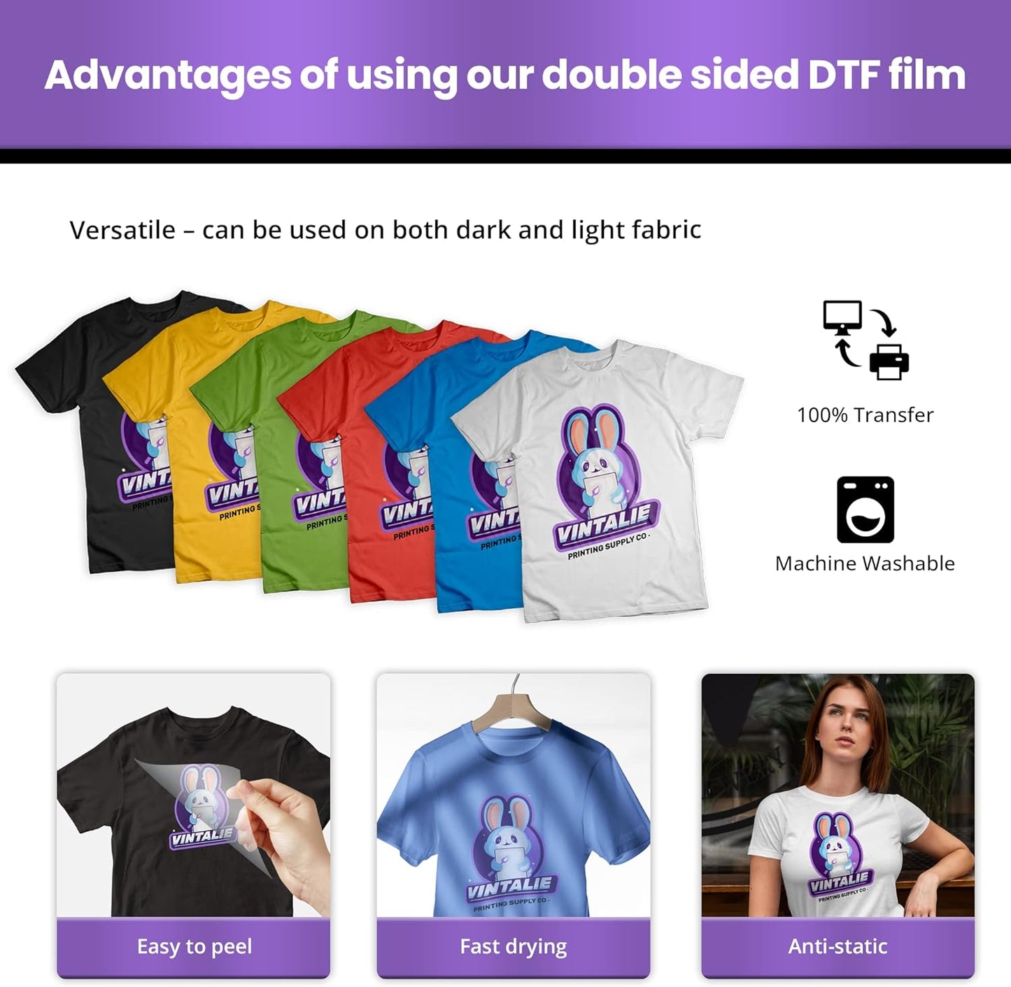 Vintalie DTF Transfer Film – A4 (8.5”x11”)50 Sheets Premium Matte Double Sided DTF Film PET Transfer Paper Direct to T Shirts