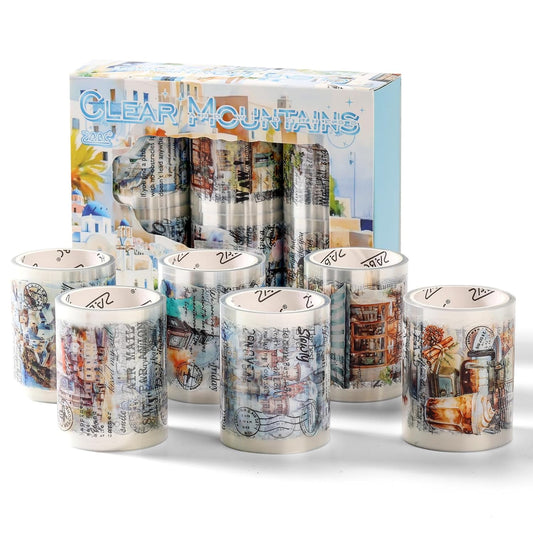 6 Rolls PET Tapes Set Pre Cut Tape Stickers City Stickers journaling Tape Transparent Sticker Books for Scrapbooking Scrapbook Tape Decorative