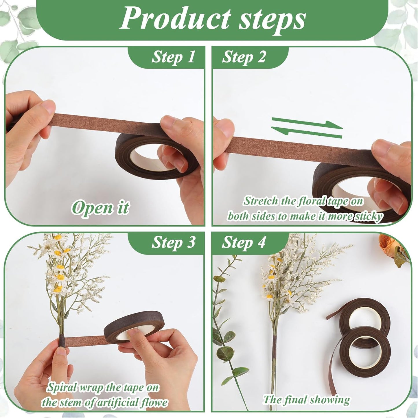 Phinus 9 Rolls Floral Tape, 1/2 Inch x 30 Yard Flower Tape, Green Floral Tape for Floral Crafts Supply, Bouquet Stem Wrapping, Wedding Bouquet (Brown)