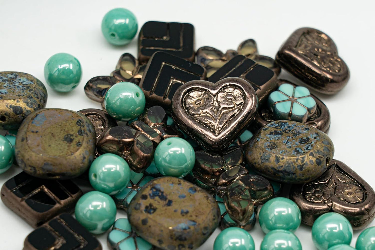 45+ pcs (2.1oz=60g) of Focal Glass Bead Mix with Table-Cut Flower and Butterfly Beads, PG Turqouise Brown Brass