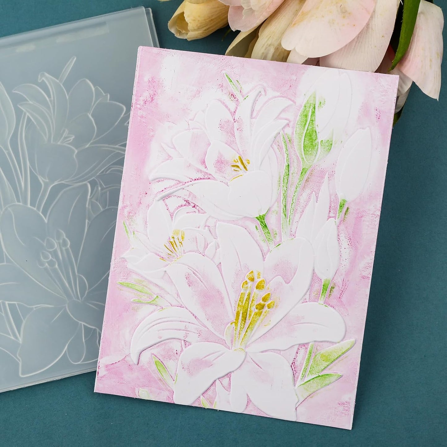 BAOFALI 3D Embossing Folder for Card Making,Lily Flowers Clear Plastic Texture Fades Embossing Folder Template for Scrapbooking and Other Paper Craft Album Stamps DIY Decoration 6.3" L x 4.5" W