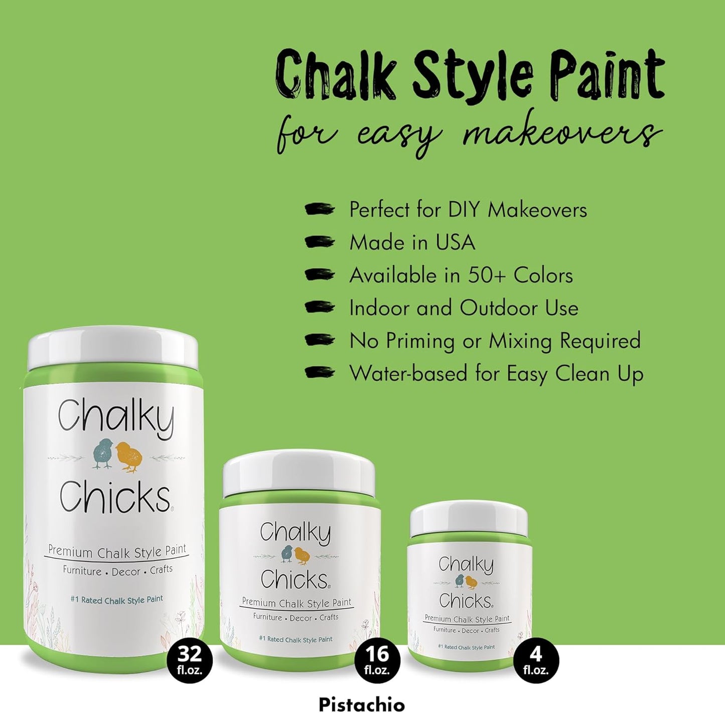 Chalky Chicks All-in-One Chalk Paint for Furniture or Cabinet - 32 Fl Oz - Matte Finish Pistachio (Lime Green) for Metal, Wood Furniture Paint - No Sanding All-in-One for Home Decor & Crafts, USA Made