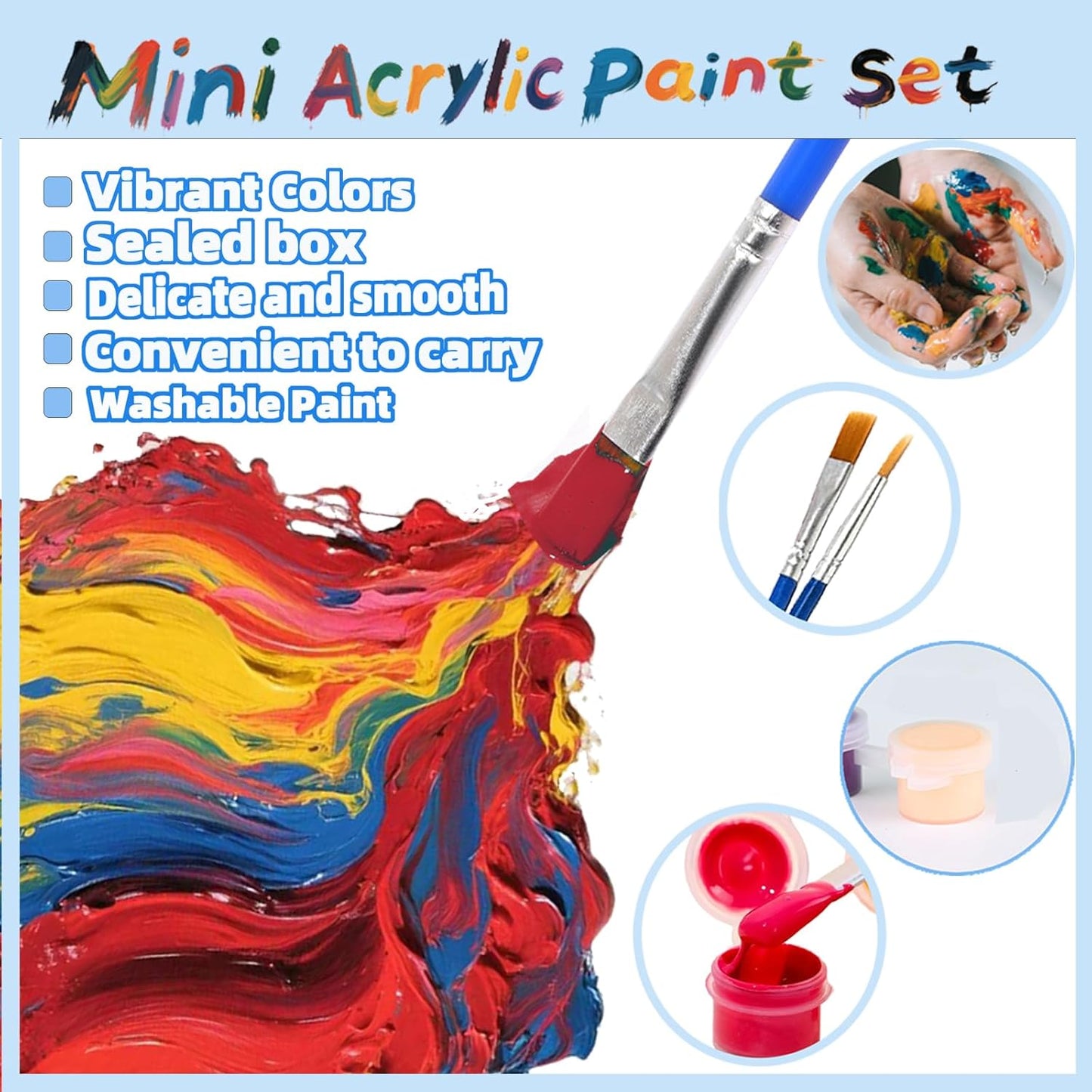 5 Packs Mini Acrylic Paint Set, 12 Colors Washable Paint Strips for Kids & Adults - Includes 10 Brushes (5 Flat + 5 Pointed), 60 PCS kids Paint Kits for Easter Eggs, Birthday, Classroom Party