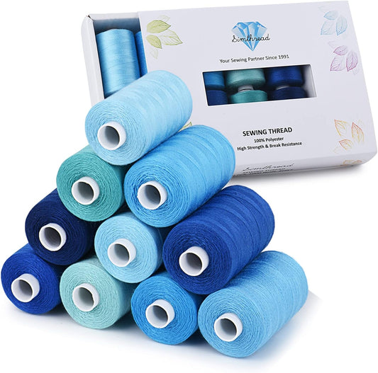 Simthread All Purpose Sewing Thread, 10 Spool Assorted Blue Series 1000 Yards Each Bobbin Polyester Thread for Sewing, Handy Polyester Sewing Threads for Sewing Machine - (Denim Color Series)