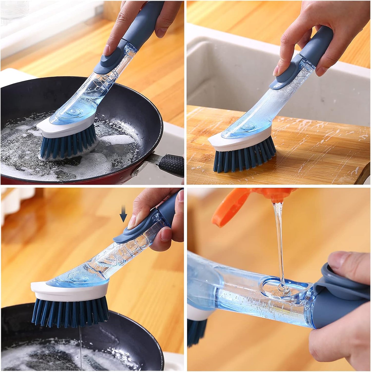 Soap Dispensing Dish Brush with 4 Replaceable Heads, Updated No Leaking Soap Dish Scrubber Soap Dispenser, Kitchen Dish Brush with Soap Dispenser for Pot Pan Sink Cleaning(Blue)
