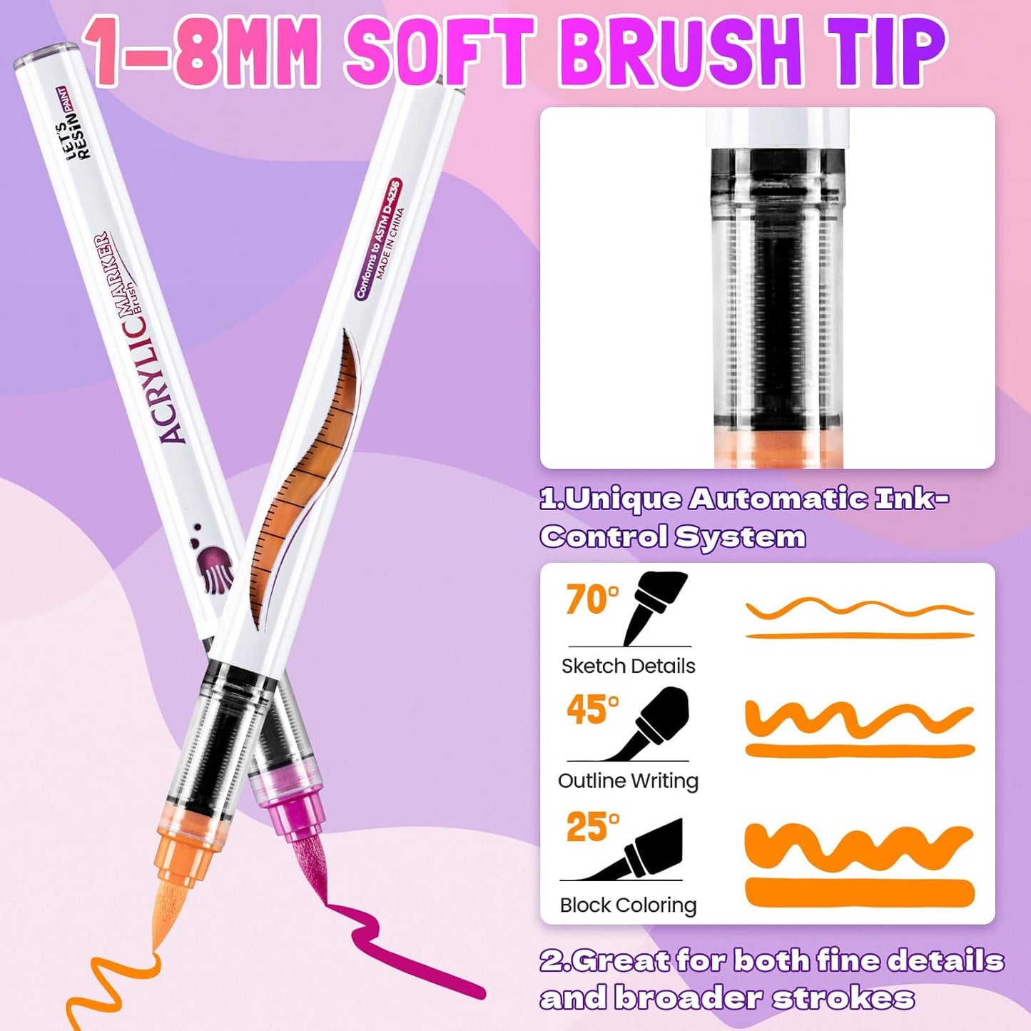 LET'S RESIN PAINT136 Colors Acrylic Paint Markers Direct Liquid,Brush Tip Acrylic Paint Pens for Coloring,Water-Based Acrylic Markers for Drawing,Painting,Canvas,Art Supplies,Craft