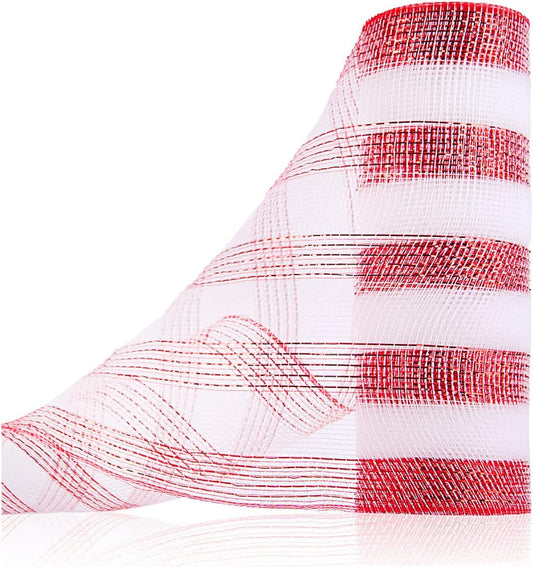 Anivia Deco Mesh Ribbon, 10inch x 30 Feet Each Roll Metallic Foil Mesh Ribbon for Wreaths Swags, Holloween, and Christmas Tree Decoration (Red&White)