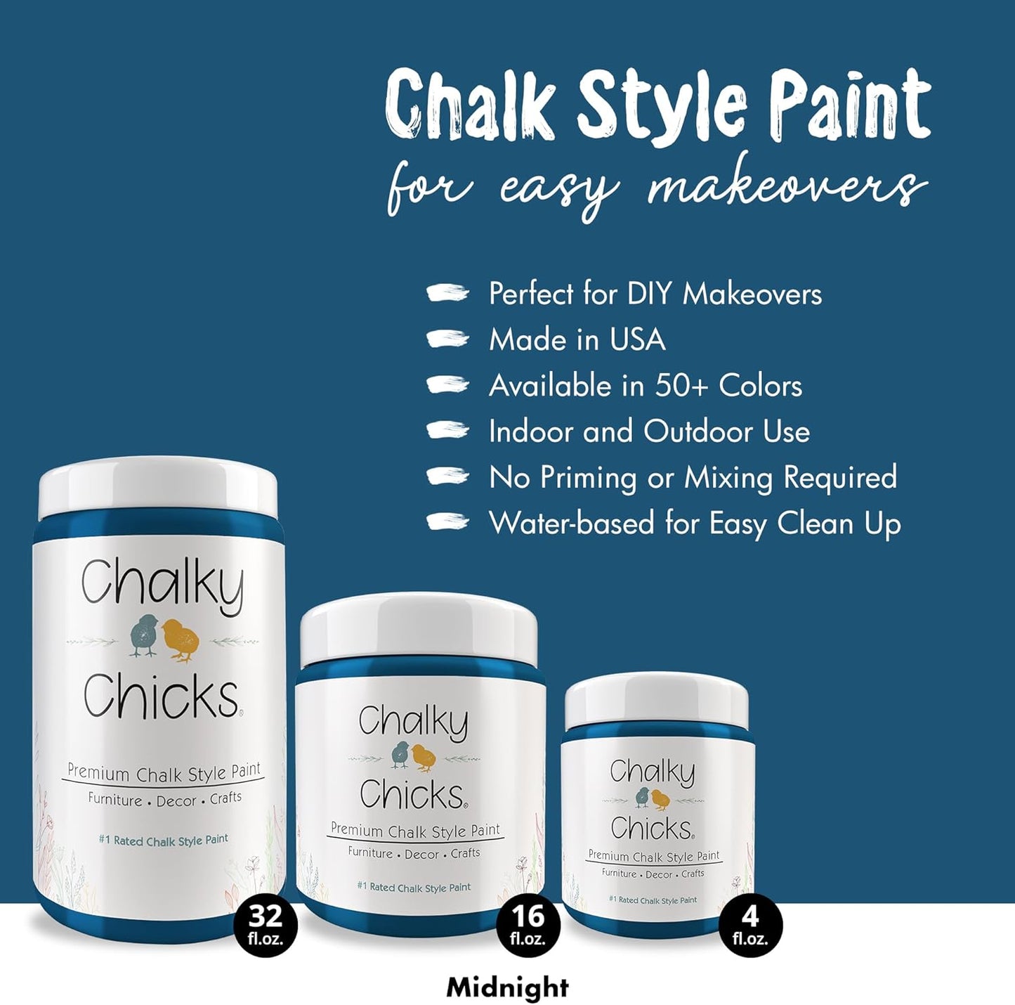 Chalky Chicks All-in-One Chalk Paint for Furniture or Cabinet - 32Fl Oz - Matte Finish Midnight (Peacock Blue) for Metal, Wood Furniture Paint - No Sanding All-in-One for Home Decor & Crafts, USA Made