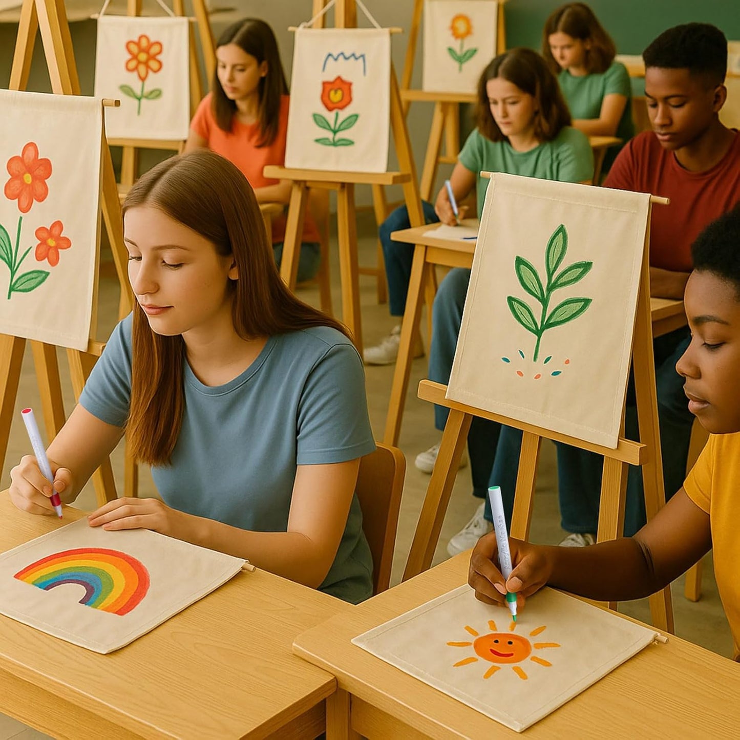 Mindsoft 48 Pcs Blank Canvas Banner Bulk Color Your Own Vertical Banner with Hanger with 12 Colorful Fabric Markers Pens Wall Display Banners for DIY 24 Students Paint Art Classroom School Camp Party