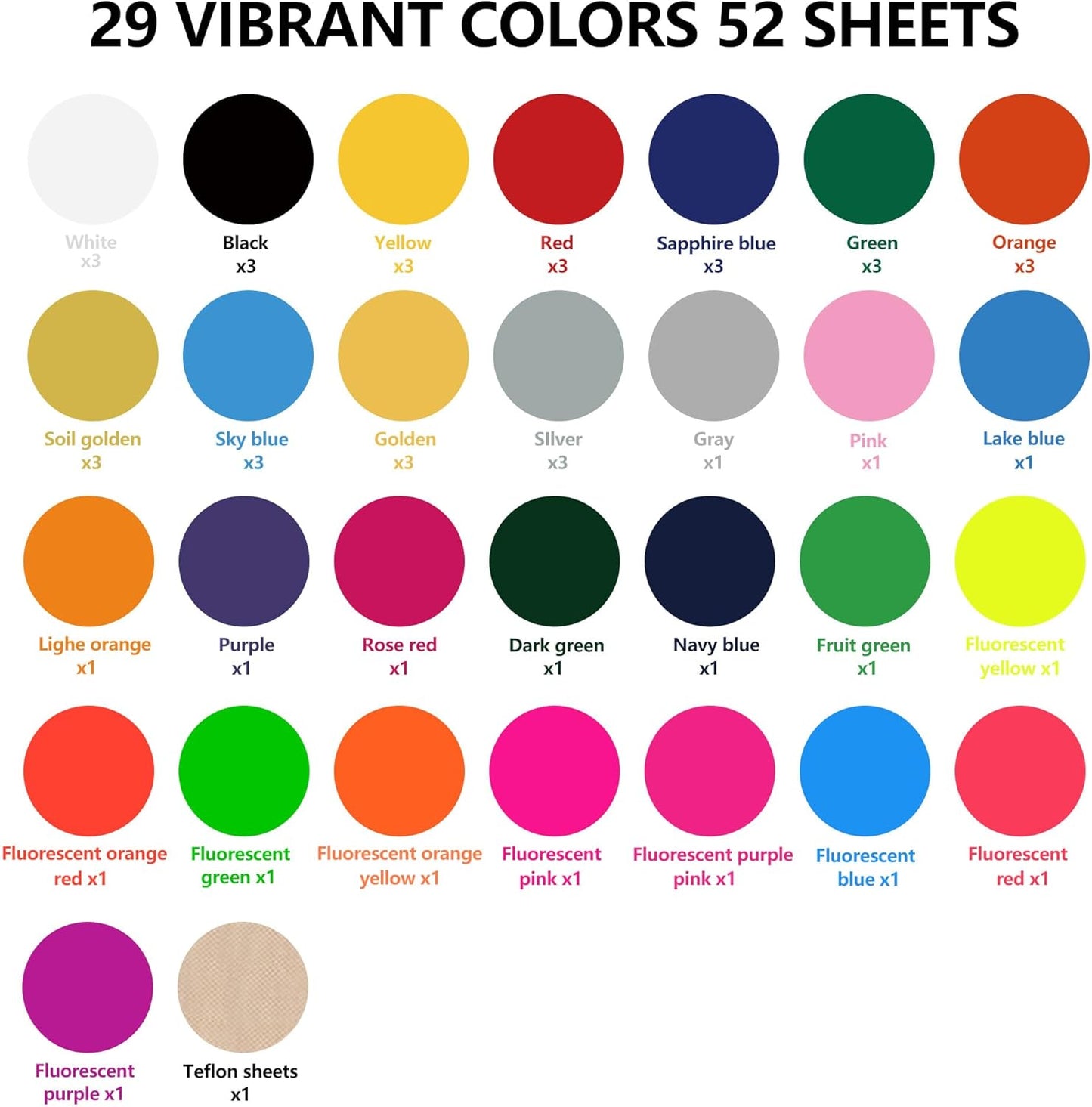 guangyintong HTV Heat Transfer Vinyl Bundle, 52 Pack 12" x 10" Iron on Vinyl for T-Shirt, 33 Assorted Colors Clossy Reflective and Fluorescent HTV Vinyl for All Cutting Machine Easy to Cut & Weed