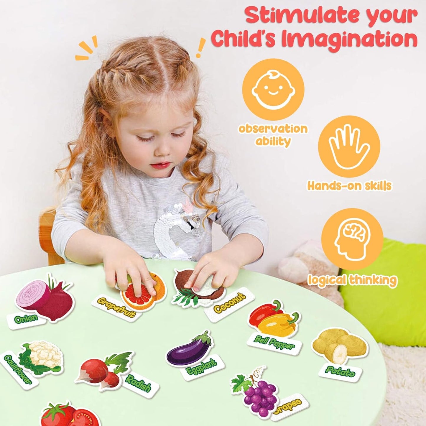 Kids Felt Board Set with 90 Fruits & Vegetables Pieces - Interactive Learning & Education Toys for Preschool Homeschool, Vibrant Colors Pretend Play Toys with Storage Bag & Velcro Dots