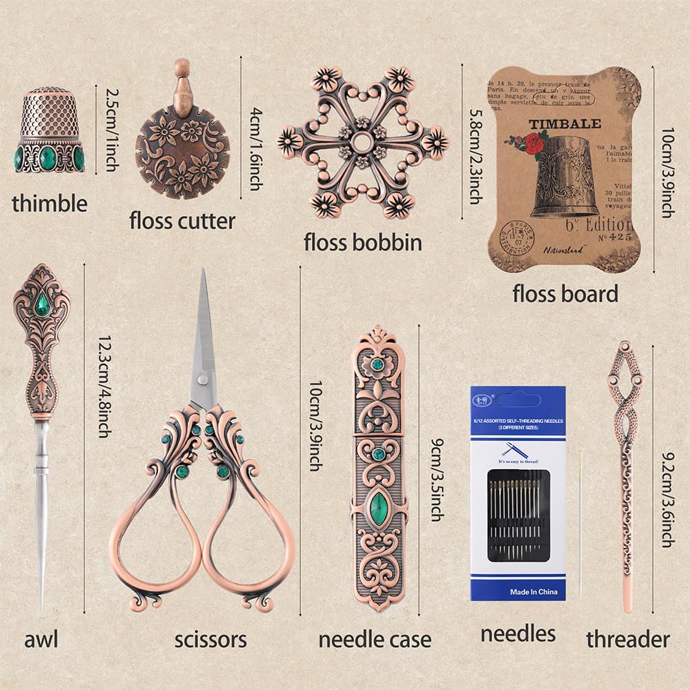 NOTIONSLAND Embroidery Scissor Set, Vintage Supplies, Needle Case, Sewing Awl, Thimble, Floss Board for Needlework, Copper