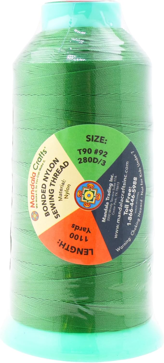 Mandala Crafts Bonded Nylon Thread Green Heavy Duty Sewing Threads - 1100 YDs Size 92 280D T90 Tex 90 Thread for Leather Jeans Weaving Outdoor Marine Upholstery Threads