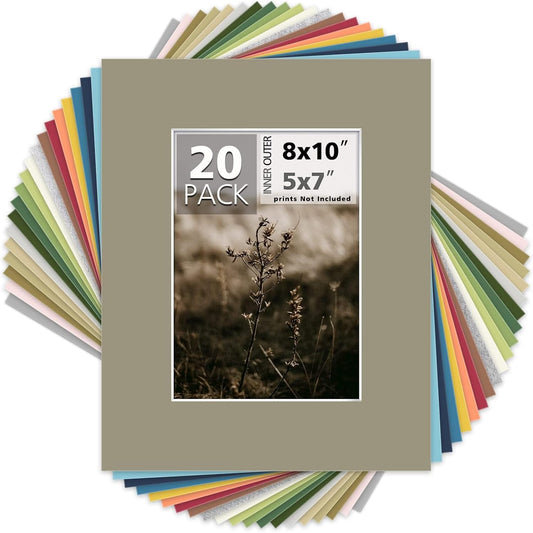 Mat Board Center, Pack of 20, Mixed Colors 8x10 Picture Mats Matting with White Core Bevel Cut for 5x7 Pictures