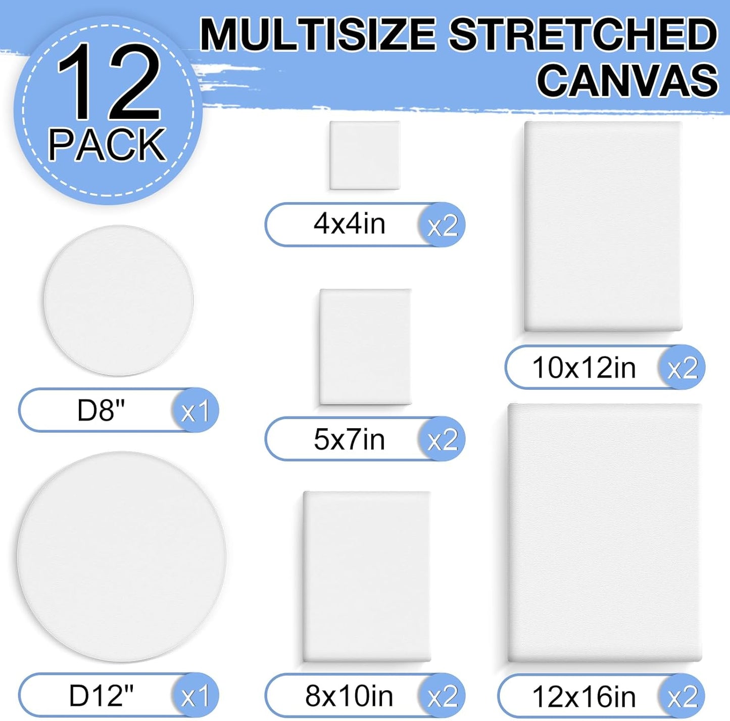 ESRICH 12 Pack Stretched Canvas for Painting, 4x4, 5x7, 8x10, 10x12, 12x16(2 of Each), Round Canvas with 8x8, 12x12(1 of Each), Blank Canvases Primed Paint Canvas for Beginners, Artists