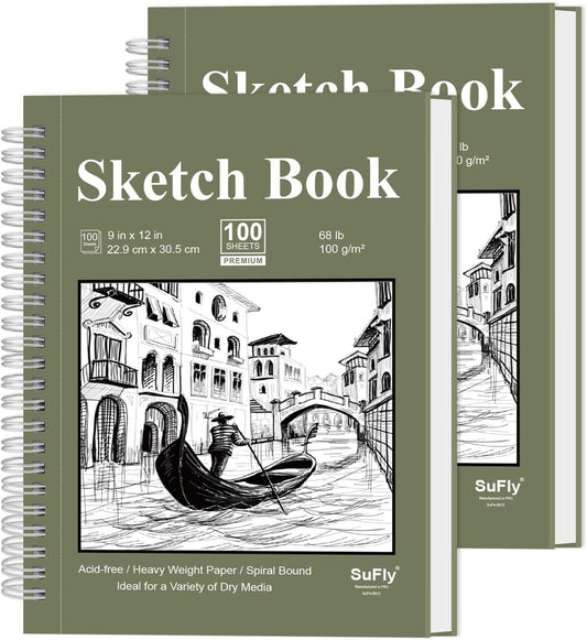 Sketch Book 9x12 inch, Pack of 2 (Total 200 Sheets) Spiral Bound Sketchbook, 68 lb/100gsm Artist Sketch Pad, 100 Sheets Each, Sturdy Acid Free Drawing Paper, Suitable for Adults & Teens