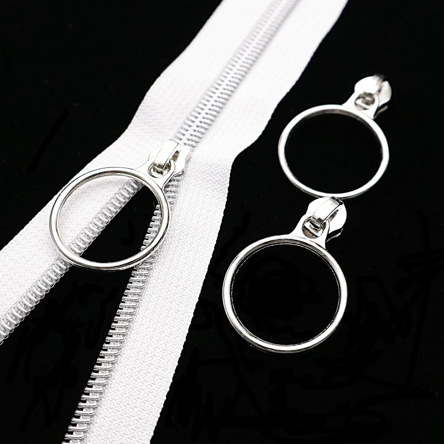 Leekayer #5 Silver Metallic Nylon Coil Zippers by The Yard Bulk 10 Yards White Zipper Tape with 25pcs Silver Ring Pull Sliders for DIY Sewing Tailor Craft Bag(White)