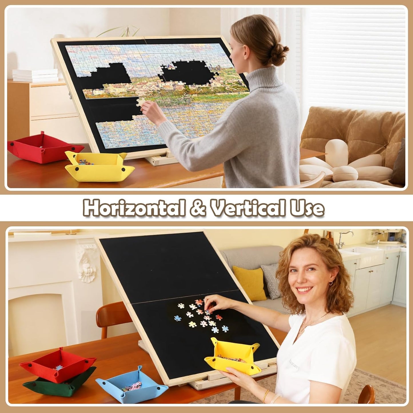 Foldable Puzzle Board, 2-in-1 Tilting & Rotating Wooden Jigsaw Puzzle Table 1500 Pieces with 4 Non-woven Drawers, 36"×26" Portable Puzzle Board with Upgraded Lazy Susan for Adults & Kids, Gift for Mum