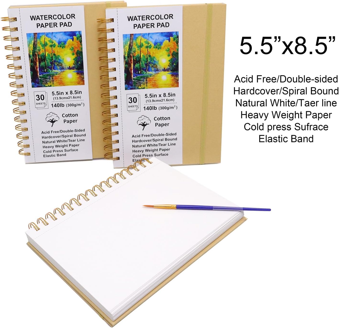 Watercolor Paper Pads, 5.5x8.5, 3Pack, Kraft Hardcover Sketch Books, 140lb/300gsm Heavyweight Cotton Paper, Spiral Bound, Cold Pressed, Dual-Sided(Smooth&Texture), Painting Paper for Artists Students