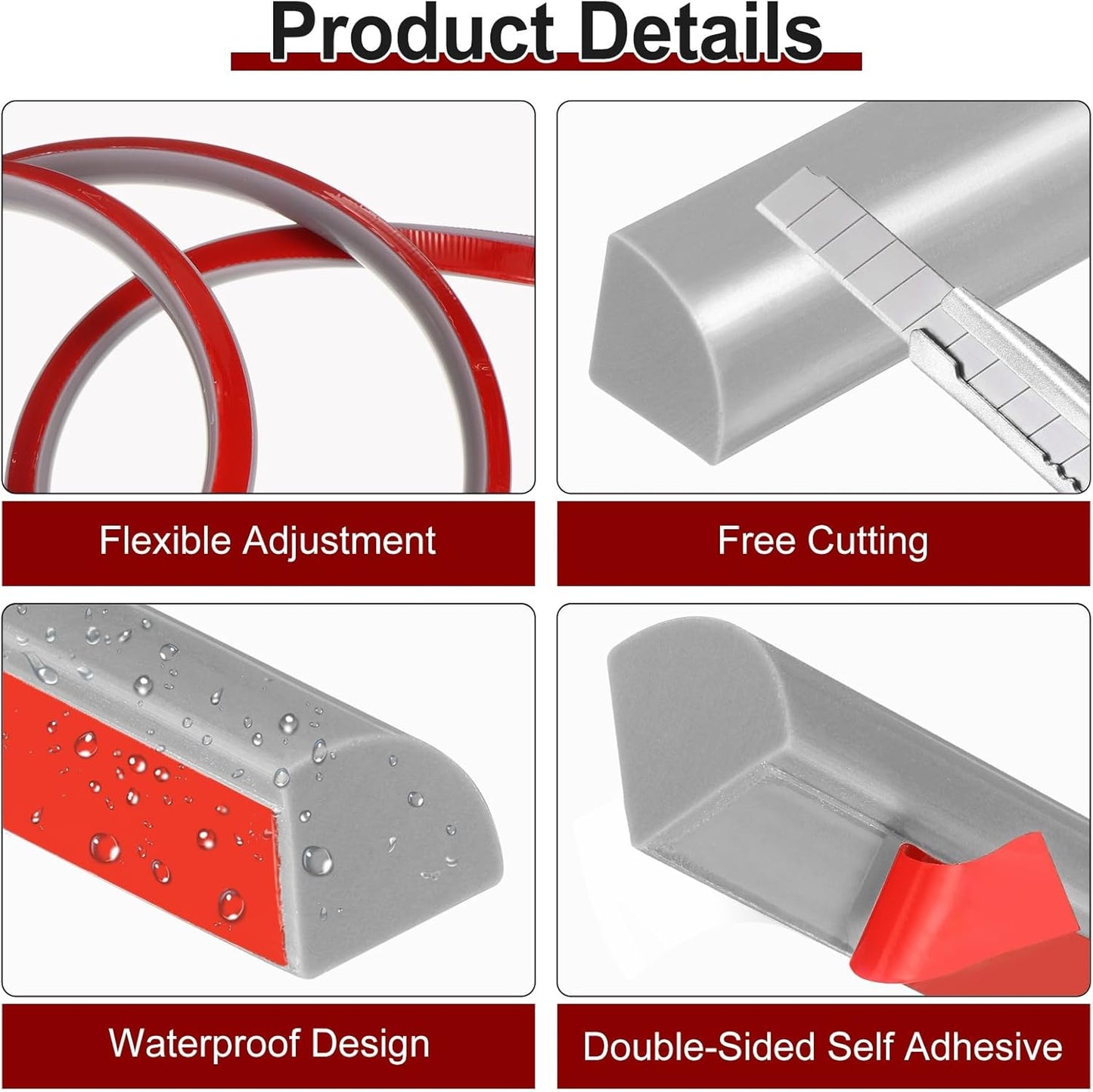 uxcell 236 Inch Flexible Quarter Round Molding Silicone Peel and Stick Trim Self Adhesive Shower Water Barrier for Corner Decor Bathroom Kitchen, Gray