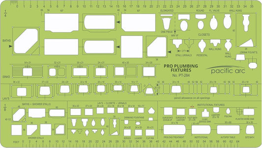 Pacific Arc, Plumbing Fixtures Template, 1/4 & 1/8 Scale. Drawing aid Stencil for Professional or School Work. Size 3.5 x 6 inch.