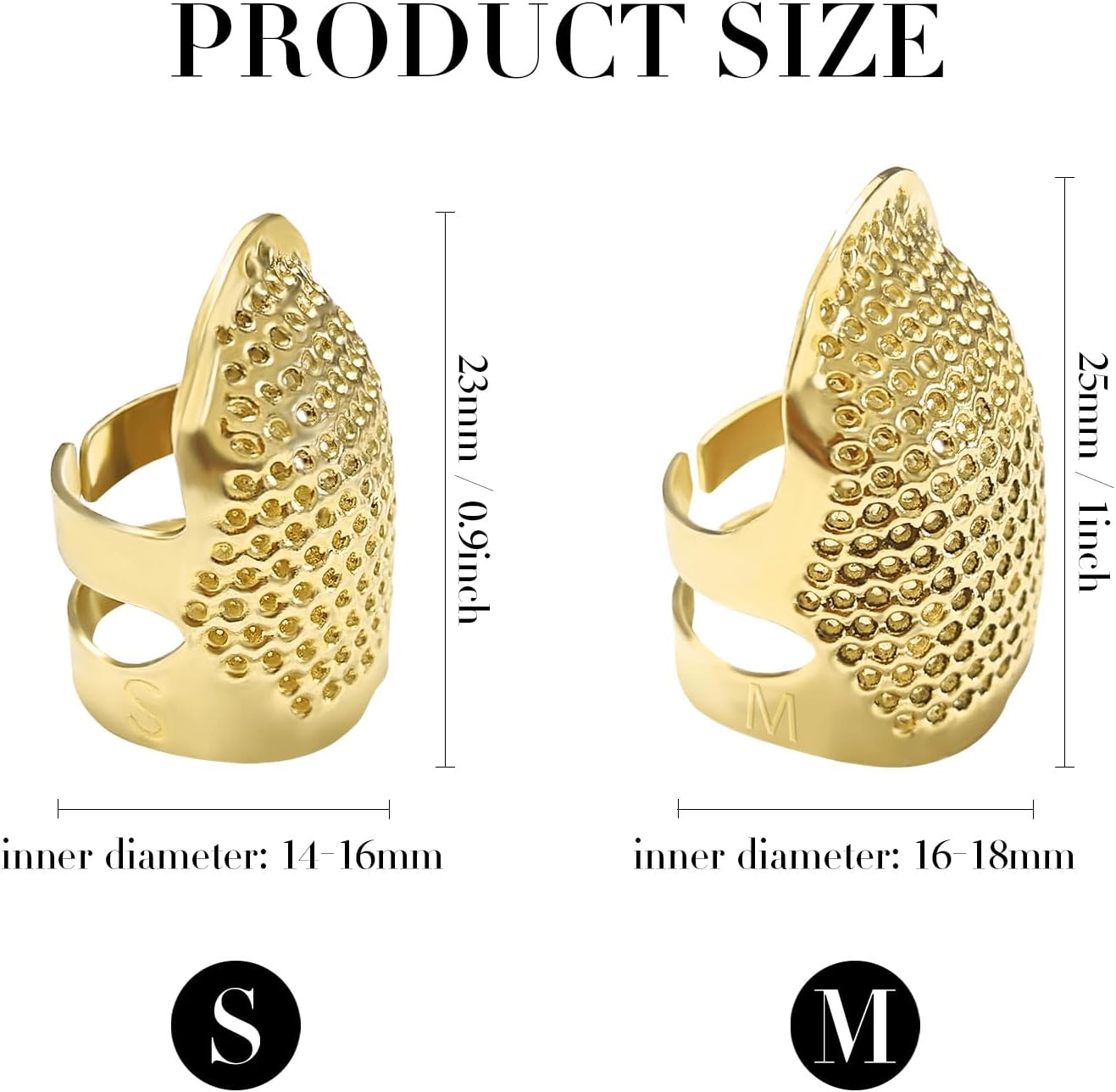 FR 4 Pack (2 Sizes, S/M) Sewing Thimble Finger Protector, Adjustable Finger Metal Shield Protector Pin Needles Sewing Quilting Craft Accessories DIY Sewing Tools Needlework Gold