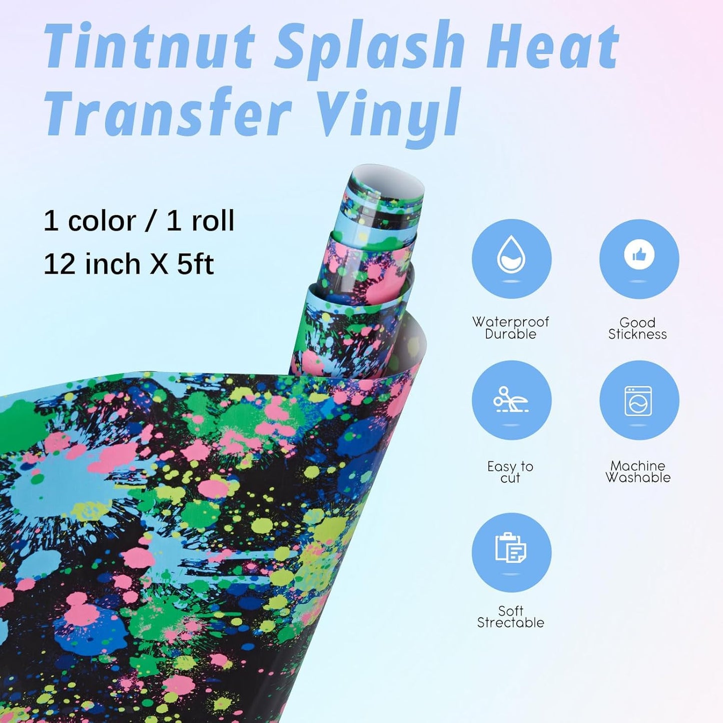 Tintnut Splash Heat Transfer Vinyl Roll - 12 Inch x 5ft Blue Watercolor Ink Patterned HTV Splatter Iron On Vinyl DIY T-Shirts Hats Clothes Canvas Bags for Cricut or Silhouette Cameo