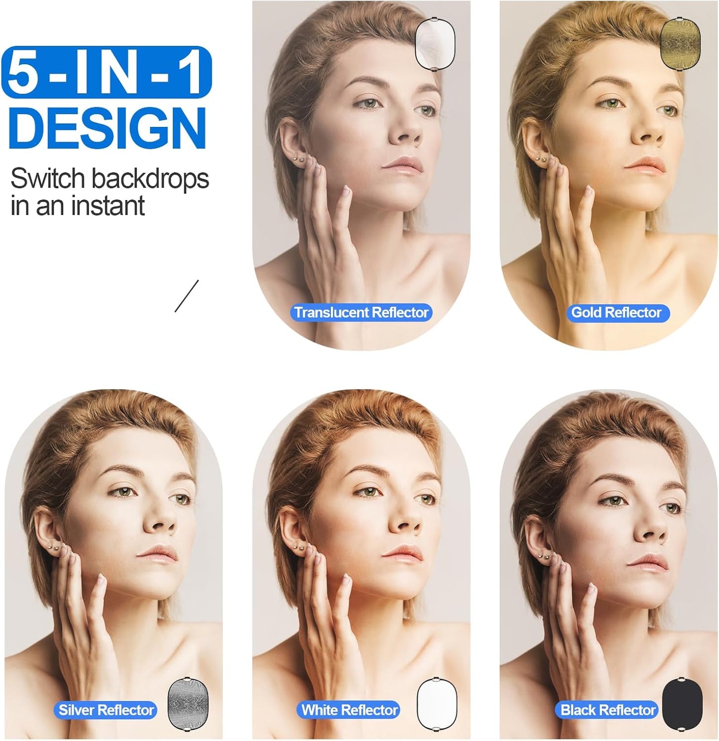 WELLMAKING 35''x47'' (90x120cm) Reflector Photography with Threaded Handle, Collapsible Light Reflector with Bag & tilt Adapter, 5in1 Reflector for Studio - Translucent, Silver, Gold, White and Black