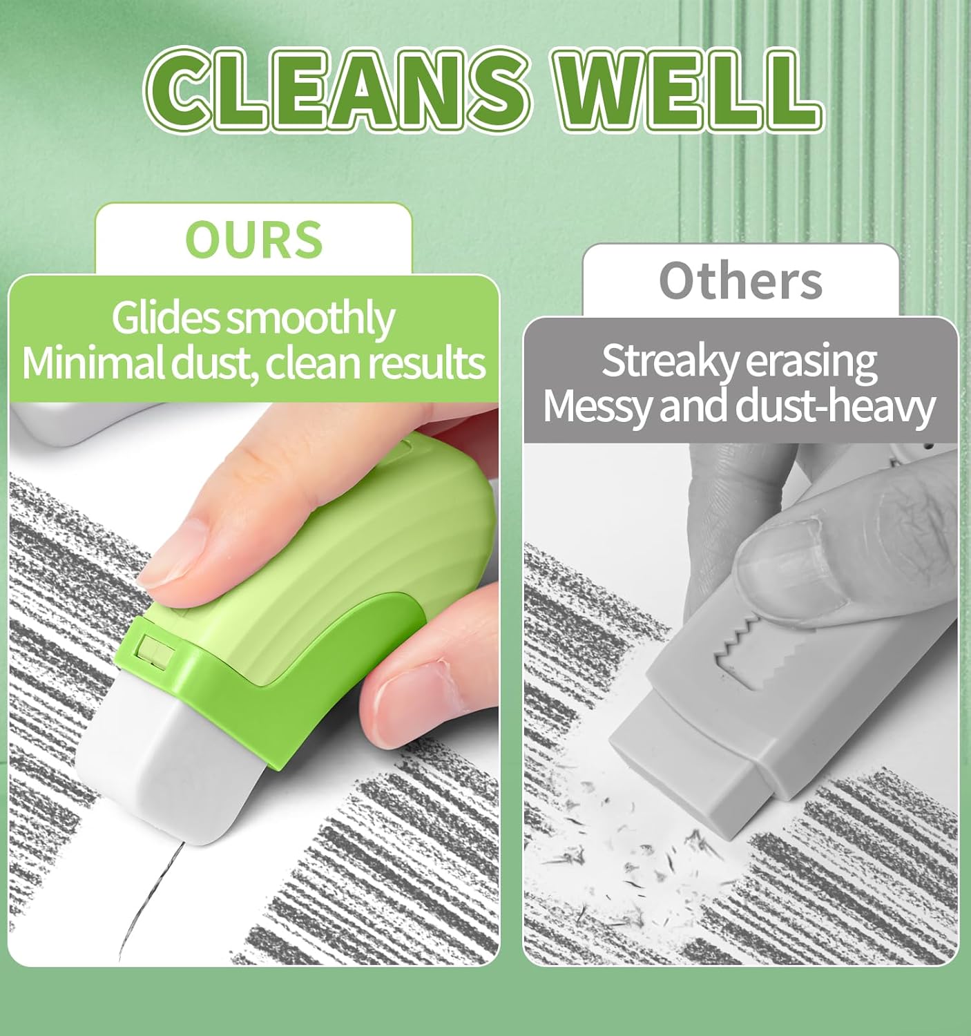 4+1 Pack Rubber Erasers Sliding Retractable Eraser, Large White Erasers for School Office Art Drawing Pencil Eraser for Kids- Green