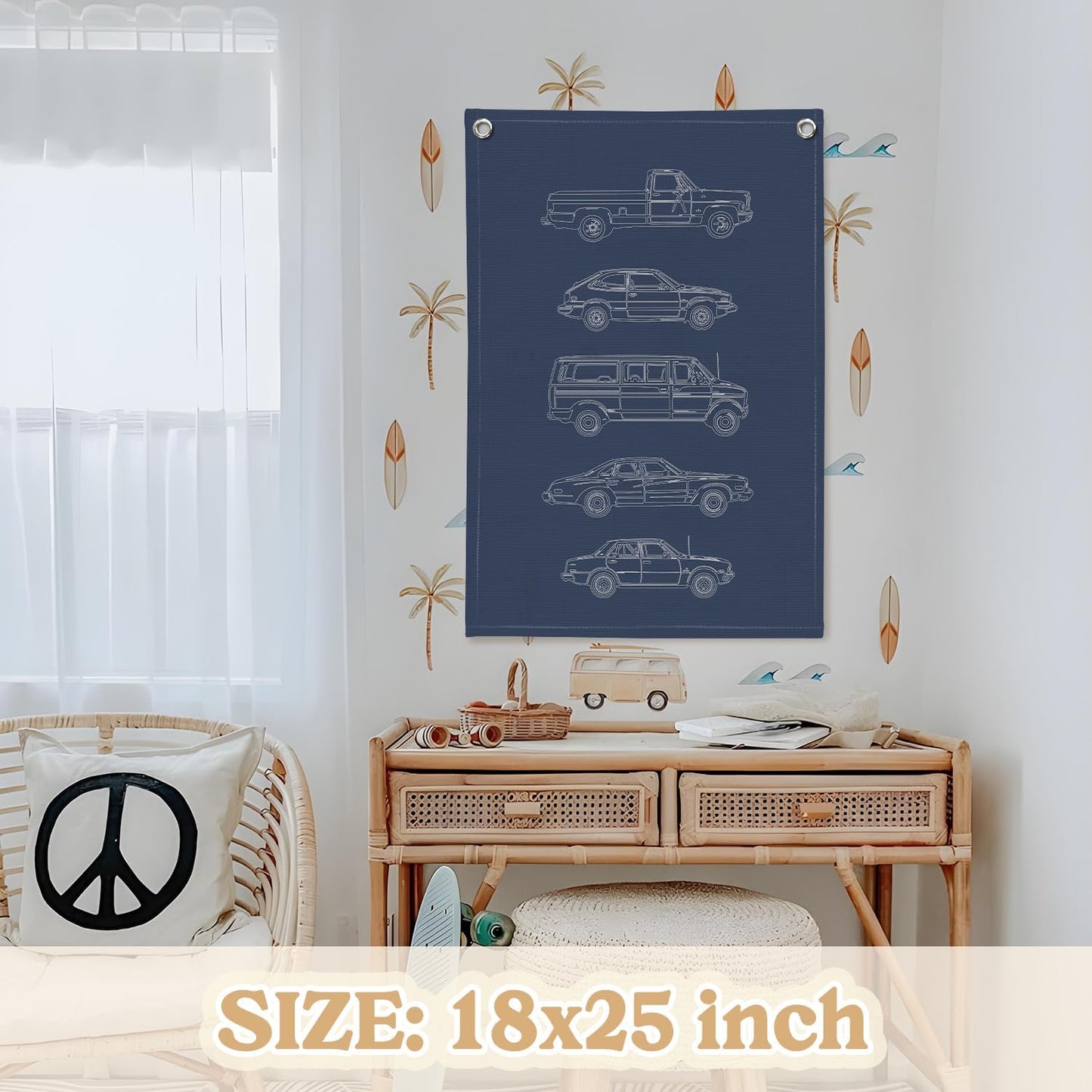 Boy Room Decor,Cars Room Decor for Boys,Vintage Car Decor Linen Canvas Banner,Navy Blue Wall Hanging Pennant Flag for Boys Kids Bedroom Dorm Nursery 18x25 Inch