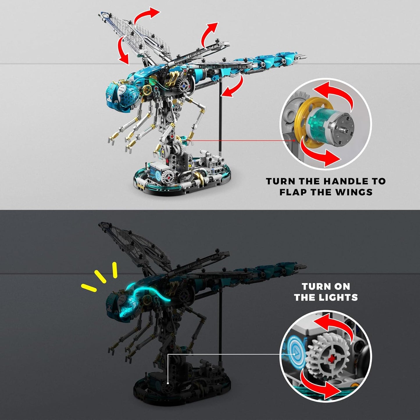 Mechanical Dragonfly Building Blocks for Adults, Insect Animal World Model with LED Light & Display Stand, Educational STEM Toys for Adult Home or Office Décor (866PCS)